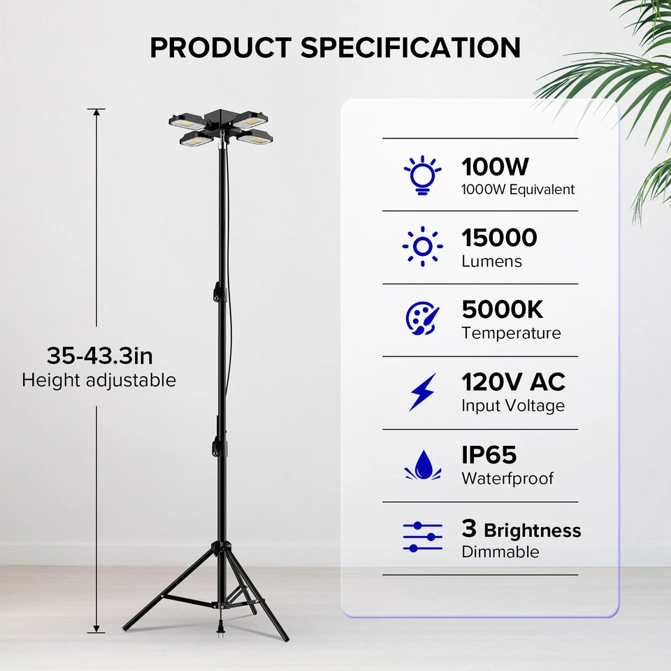 SANSI 15,000LM LED Work Light 100W Dimmable 4 Adjustable Heads Tripod with Stand - Image 2 of 4