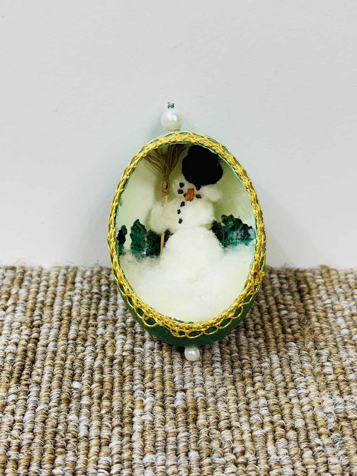 Handmade Vintage Snowman Ornament -REAL EGG DIORAMA