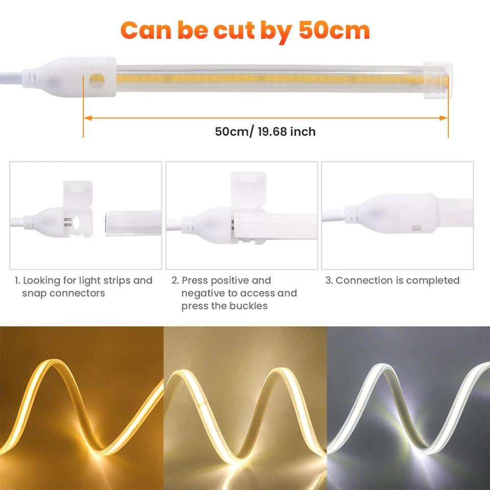 220v COB LED Strip Lights High Density Flexible Tape Outdoor 3000K 4000K 6000K - Image 3 of 4