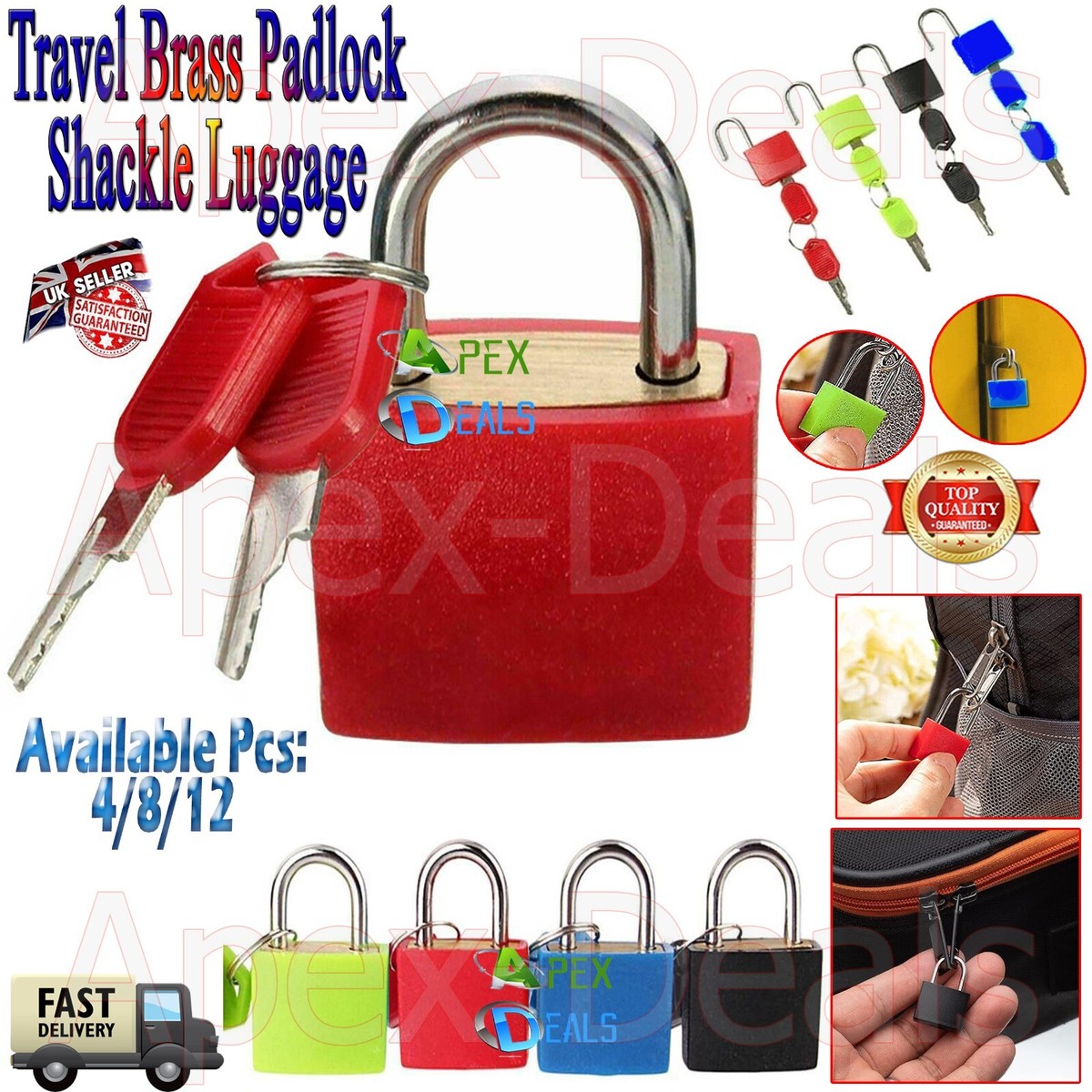 4/8/12x Travel Brass Padlock Shackle Luggage Suitcase Security Lock Bag  Keys Set