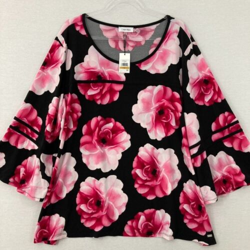 New Calvin Klein 3X Pink Black Floral Flare Sleeve Stretch Knit Blouse