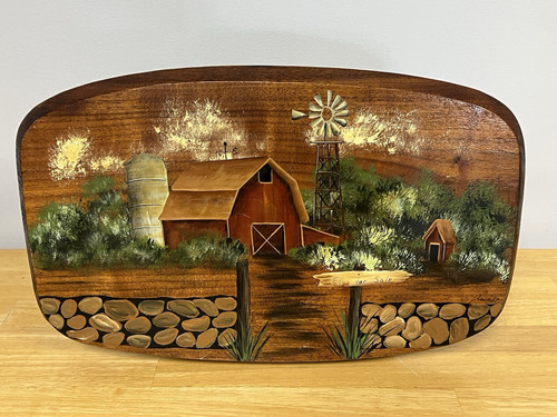 VTG Hand Painted Wall Plaque Art Signed Farm Barn Windmill on Wood Folk Art See