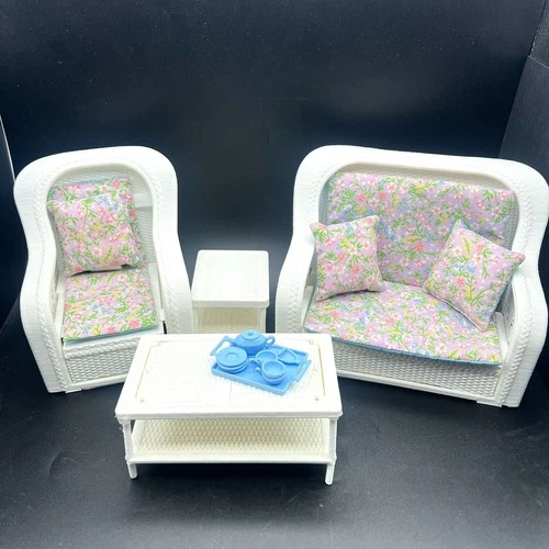 Vtg 1983 Mattel Barbie Cottage Dream Faux Wicker Furniture Couch Chair Table Tea