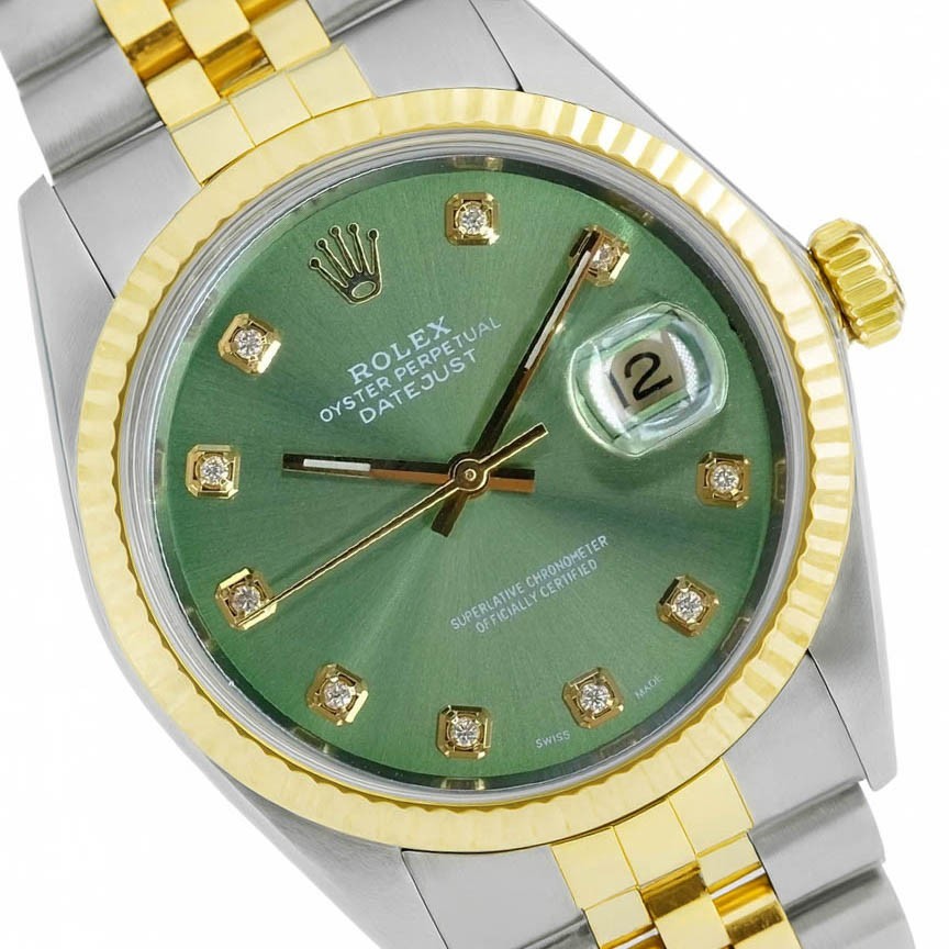 Rolex Mens Datejust Gold Steel Olive Green Dial Fluted Bezel Watch