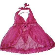 Frederick's of Hollywood Babydoll Lingerie Set w/ Thong Pink Lace Sheer XL NWOT