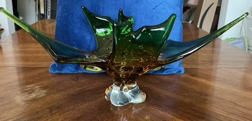 MURANO Art Glass Wave Bowl  Gold and Green