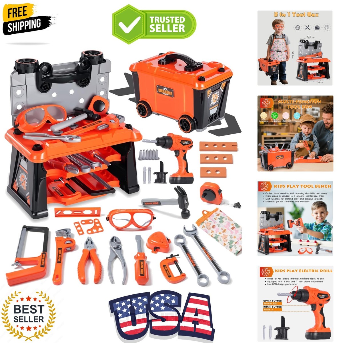 Kids Tool Set with Box and Electronic Toy Drill, Pretend Play Kids