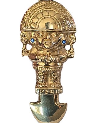 VTG Peruvian Aztec Inca Brass Wall Tumi knife Replica Blue Rhinestone Eye 6 3/4''