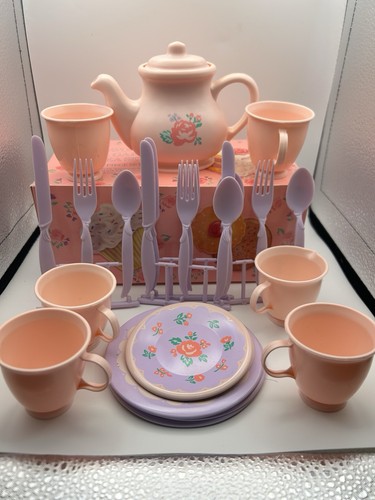 Vintage Avon Rose Garden 27 Piece Pretend Play Tea Set Pink Floral 1991