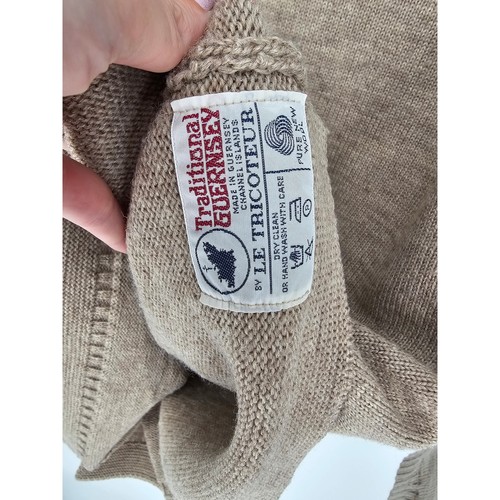 Vintage Le Tricoteur Traditional Guernsey Wool Fisherman Sweater Tan Mens Sz L - Picture 3 of 5