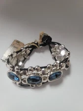 Uno De 50 Silver Plated Multi strand Blue Crystal beaded Leather Bracelet
