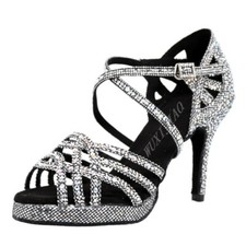 Silver black Latin dance shoe Women salsa rhinestone High Heel ballroom Footwear