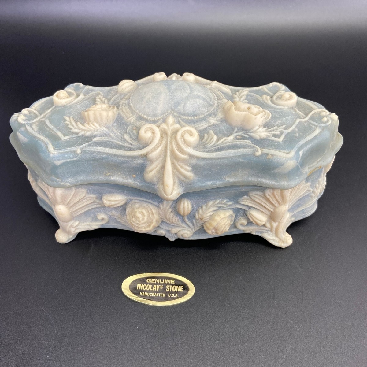 Vintage Incolay Handcraft Genuine Blue Stone Trinket Jewelry Box