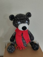 Crochet Black Teddy Bear with Red Scarf Handmade Doll Stuffed Animal Toy