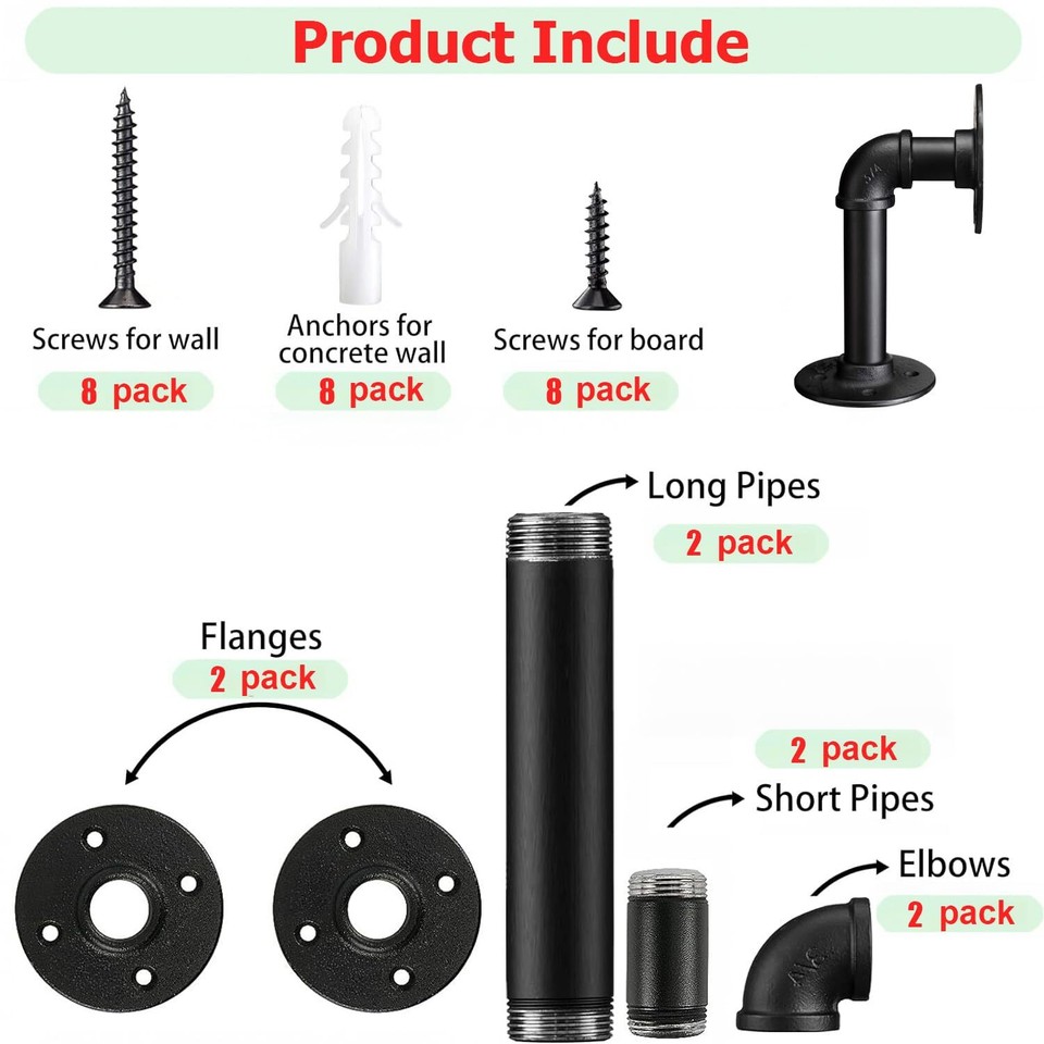 Industrial L Pipe Shelf Brackets for 612 in Depth Wood,HeavyDuty 3/4