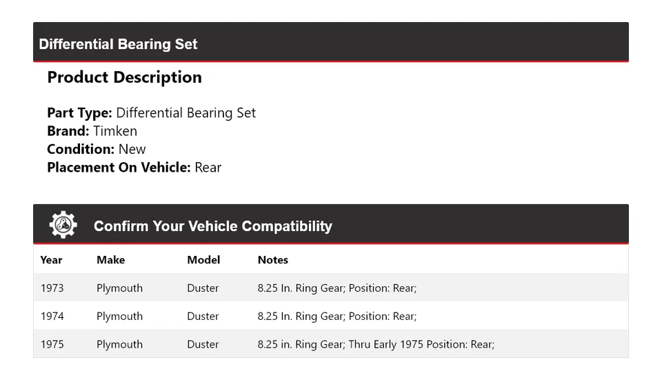 For 1973-1975 Plymouth Duster Differential Bearing Set Rear Timken 1974 - Image 2 of 4