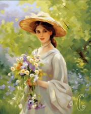 Woman in a Flower Field - Printed Needlepoint Canvas - Idyllic Countryside Charm