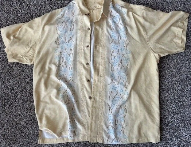 Tommy Bahama Button Up 100% Silk Shirt Men's XXL floral design soft yello