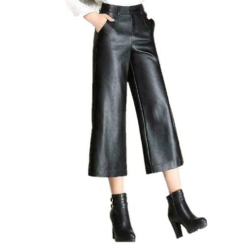 Womens Leather Trousers Loose High Waist Wide Leg Black Culottes Harem Pants NEW