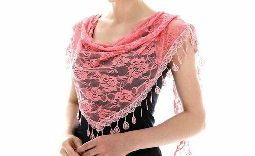 Embroidered Triangle Scarf Prayer Shawl Sheer Floral Spanish Mantilla Lace Veil - Picture 9 of 28