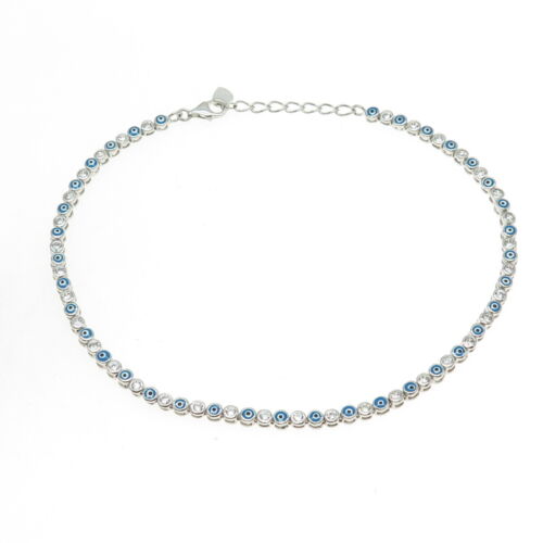 925 Sterling Silver Enamel C Z Evil's Eye Tennis Link Anklet Bracelet 9.5-10.5" - Picture 3 of 7