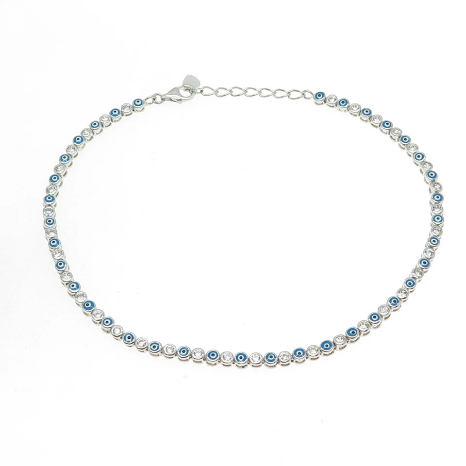 Pulseira de prata esterlina 925 esmalte C Z Evil's Eye tornozeleira 9,5-10,5" - Imagem 3 de 4