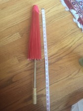 Oriental Wooden Umbrella Bamboo Paper Parasol Flying Cranes 2'L Vintage