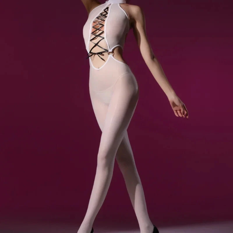 Body sexy para mujer con liguero extraíble - Pantimedias brillantes al aceite Foto 3 de 4