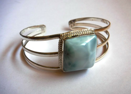 Sterling Silver Blue Larimar Large Square Stone 3-line Flexible Cuff Bracelet