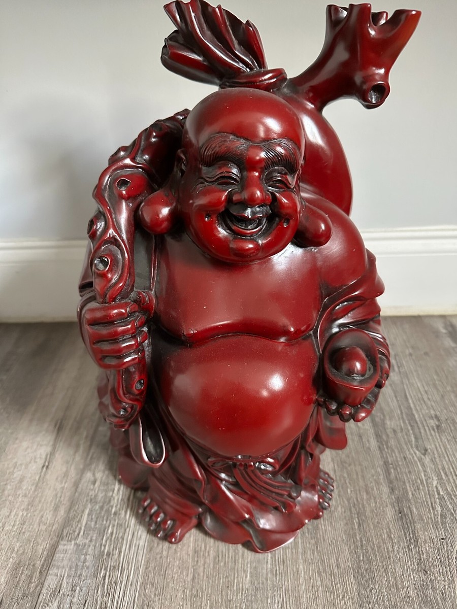 16 Inch Chinese Heavy Red Resin Happy Laughing Lucky Buddha Statue
