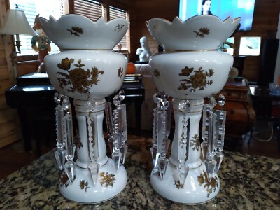 Mantle Luster  Gold Gilt Lamps 12 Inches Tall With Crystals
