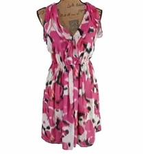 LOFT Dress Size 0 XS Pink Watercolor Splotch Lined Ruffle V Neck Stretch NWT