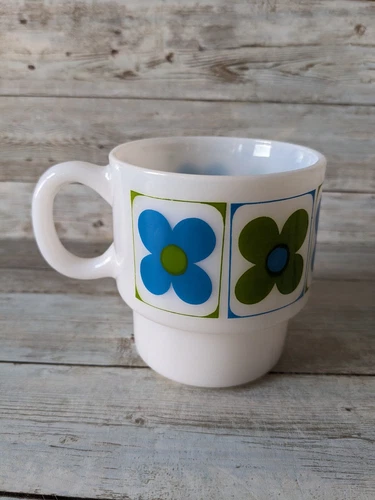 Vintage Retro Milk Glass Blue & Green Floral Stacking Mug - 1960's Flower Power