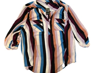 Torrid Harper Stripe Women's Top Blouse Shirt 2X Sheer 3/4 Sleeve Colorful