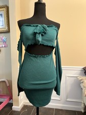 Hunter green ribbed cut out mini ruffle hem bow dress