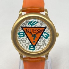 Vtg Guess Mens Womens Watch 36mm Gold Tone Orange Brushed New Battery 8.25" 1992
