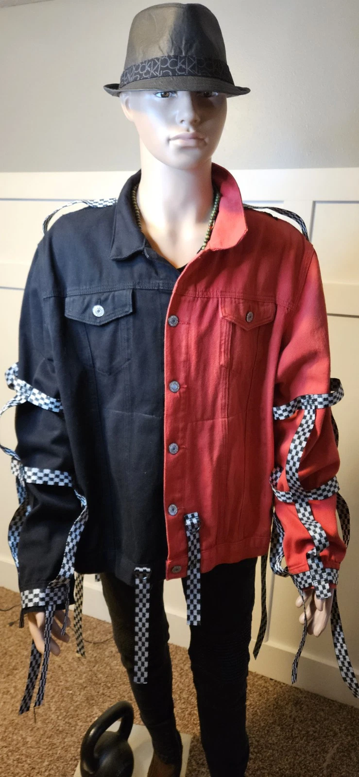 SKULL ROSES Denim Jacket Mens XL RED & BLACK | CUSTOM BY VGCDESIGNS