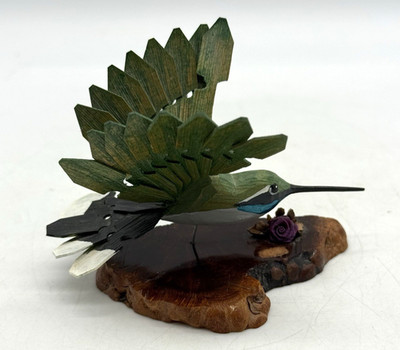 Vintage Hand Carved Wood Hand Painted Hummingbird on Wood Base Wings Up