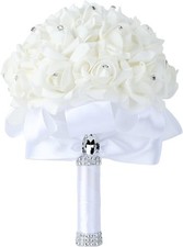 Artificial Foam Roses Bridal Bouquet with Rhinestones and Satin Ribbon