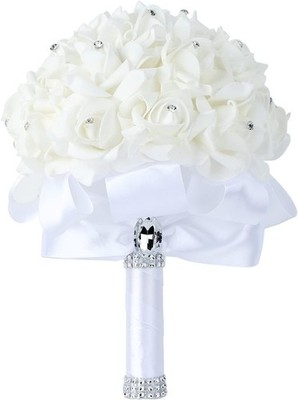 Artificial Foam Roses Bridal Bouquet with Rhinestones and Satin Ribbon