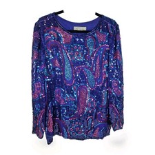 Vtg 80s Blue Sequin Beaded Silk Formal Long Sleeve Top Party Gatsby Glam Large