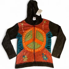 India Boutique Colorful Hooded Jacket with Embroidered and Cut Designs NWT