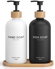 Hand and Dish Soap Dispenser Set,16oz Glass Bottles with Bamboo Pumps Tray,...