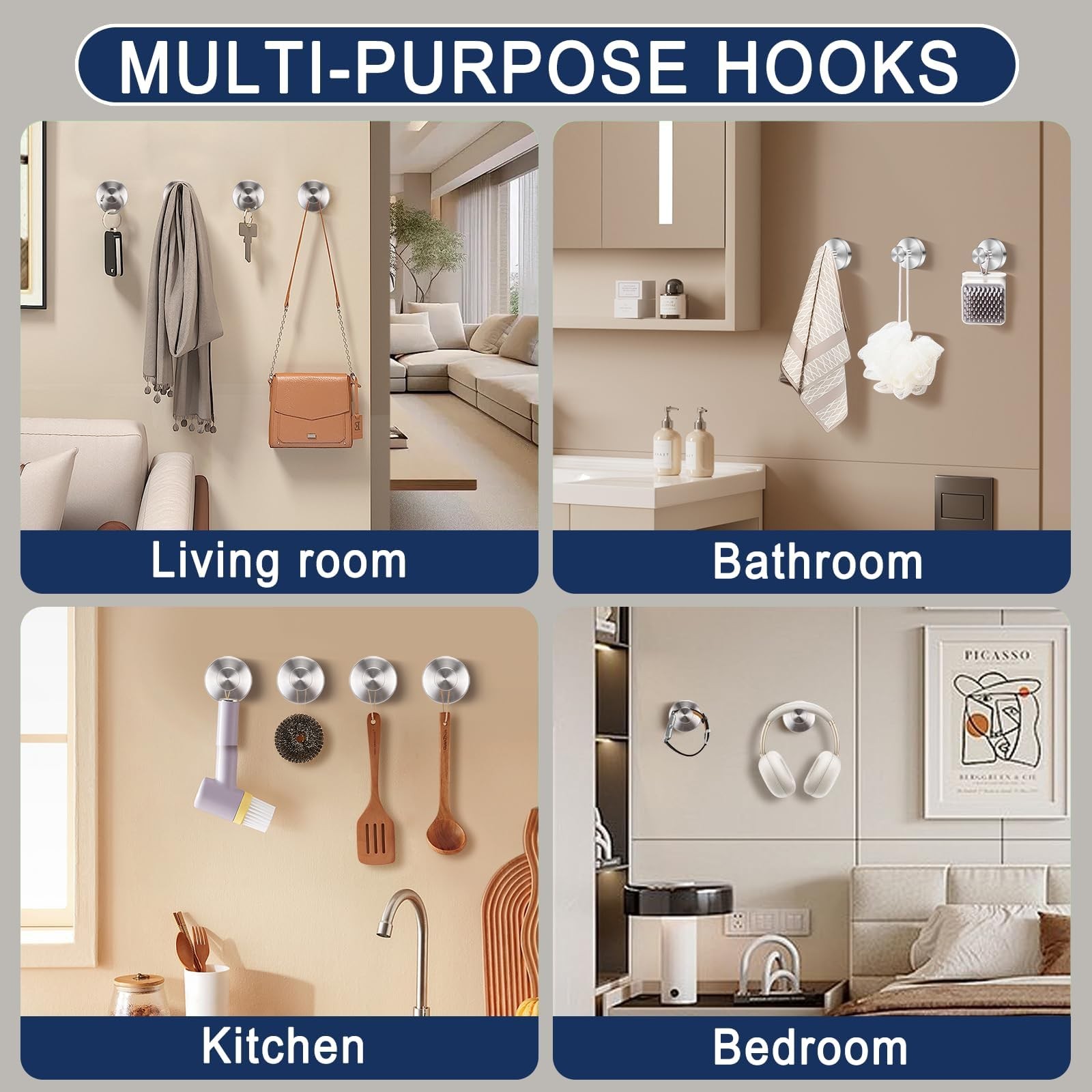 Silver Suction Cup Hooks for Shower Waterproof - No Drill Stainless Steel Tow...