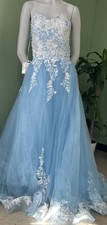 Elegant Blue Strapless Gown with White Floral Details