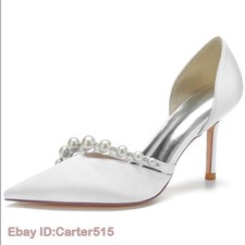 Womens Satin Pointy Toe Pearl Beaded High Heel D'orsay Pump Wedding Shoes
