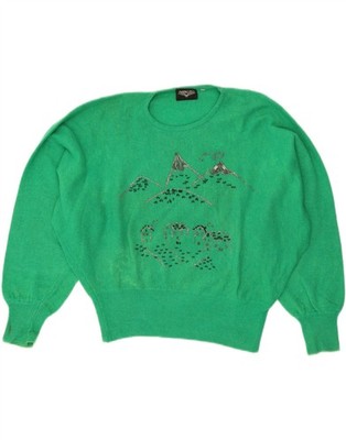 Paralleli Damen Pullover Pulli kurz grafisch Rundhalsausschnitt UK 16 Large grün DX60