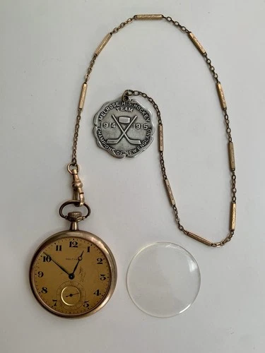 New ListingAntique Waltham Pocket Watch w/Chain-1914 Melrose HS Sterling Hockey Medal AS-IS