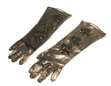 Vintage Black Lamb Leather Long Gloves Lace Cutout Detail SM-MED Fit Elegant