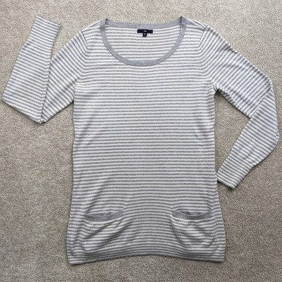 GAP Damen Pullover Größe S grau weiß gestreift Baumwollmischung Longline Taschen Strick